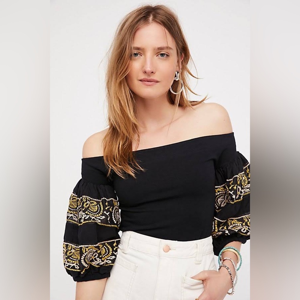 Free People Rock with it Black Embroidered Off the shoulder Top.